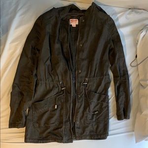 Hooded, zip up army type jacket with drawstring